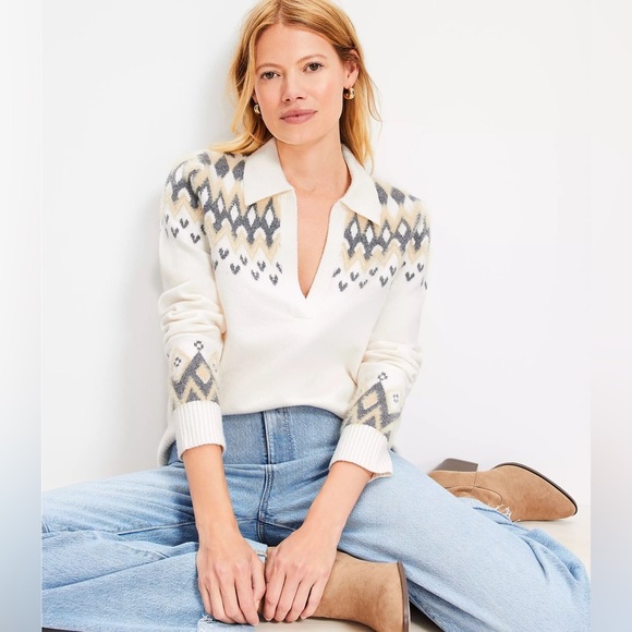 Loft Fair Isle Collared Split Neck Sweater SZ XL - Picture 1 of 7